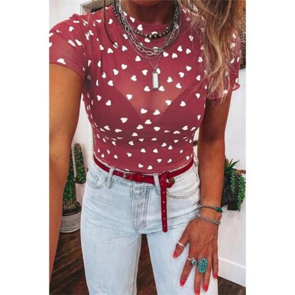 Sheer Heart Print Fitted Top